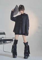 French Elegance Black Blouses Baggy Lapel Collar Korean Lady Sweet Cross Bandage Exquisite Shirts Single Breasted Streetwear