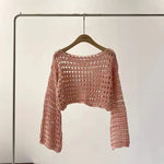 Fishnet Crochet Top Long Sleeve Crop Pullover Women Summer Cover Up Open-knit Blouse Y2K Grunge Outfit