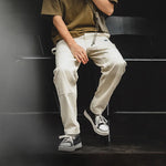 Maden Workwear American Retro Distressed Loose Off White Jeans Washed Straight Multi Pocket Woodcutter Pants Men