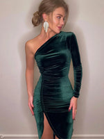 Women Elegant Long Sleeve Party Evening Velvet Bodycon Split Pencil Midi Dress Spring Autumn Clothes