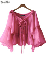 ZANZEA Women Vintage Chiffon Blouse Casual Loose 3/4 Flare Sleeve Short Tops 2025 Summer Seethrough V-neck Pleating Blusas Femme