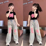 Kids Child New Jeans T-shirt 2 Pieces Clothing Set for Teen Girl High Fashion Streetwear Outfits Drawstring Pants & Tees Suit