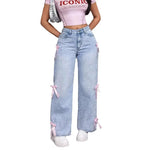 Women Jeans Wide Leg Pants Bow Washed High Waist 2025 Streetwear Denims Distressed Vintage Straight Ankle Length Trousers