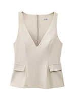 TFMLN Women Solid Skirt Hem Tops Spring Summer Fashion Chic Sleeveless V-neck Flip Pockets Shirts Sweet Lady Causal Tops