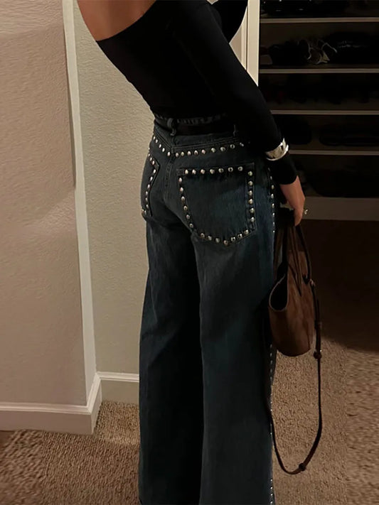 Metal Loose Solid Color Jeans Woman Casual Straight High Waist Long Pants Street Fashion Baggy Women's New Versatile Jeans