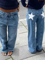 HOUZHOU Y2k Vintage Star Pattern Jeans Women Harajuku Loose Straight Denim Pants American Retro Baggy Street Aesthetics Trousers