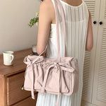 Lightweight Casual Nylon Shoulder Bag Unique Fresh Gentle Bow Design Travel Bag Solid Color Soft Large Capacity Women's Tote Bag