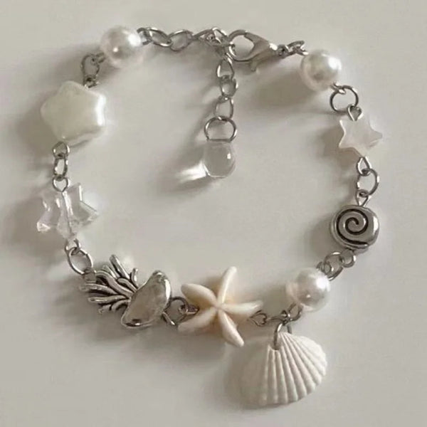 1 Pc Exquisite Imitation Pearl Shell Star Fashion White Alloy Beaded Bracelet  Women Party Favors