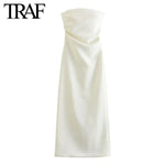 TRAF Women Fashion Summer New Sexy Split Back Zip Pleated Sleeveless Strapless Dress Chic Female French Elegant Evening