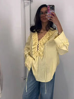 Women Casual Yellow Ruffles Tops Fashion V Neck Lace Up Long Sleeve Loose T Shirt 2025 Summer Lady High Street Commute Clothing