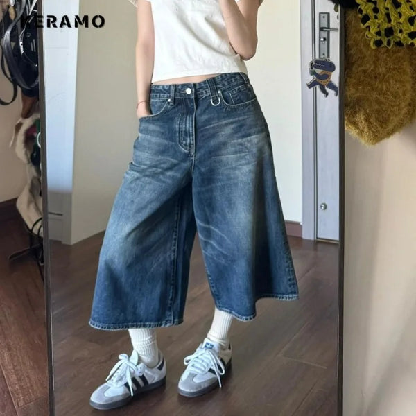 Women's Retro Wide Leg Baggy Casual Denim Shorts Harajuku Aesthetic Blue High Waist Shorts 2024 Summer Fashion Loose Fit Shorts