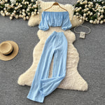 SINGREINY Summer Streetwear Women Sets Lantern Sleeve Off Shoulder Crop Top+High Waist Wide Legs Pants Fashion Sweet  Suits