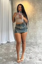 CM.YAYA 2025 Summer High Waist Denim Washed Vintage Women Shorts Skirts Belt Cargo Party Streetwear Classic A-Line Mini Shorts