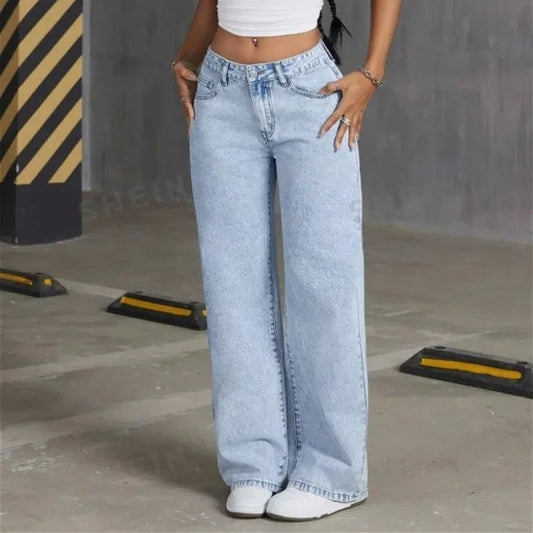 Jean Straight Pants Women Denim Washed Jeans Full Length Mom Embroidery Pockets Loose High Waist Vintage Zipper Fly Spliced