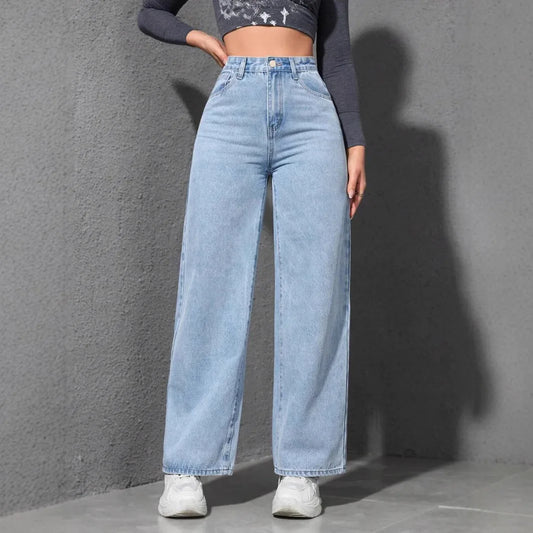 Jeans Women Vintage Wide Leg Pants Denims High Waist Washed Distressed Basics Straight Trousers 2025 Streetwear Floor Length