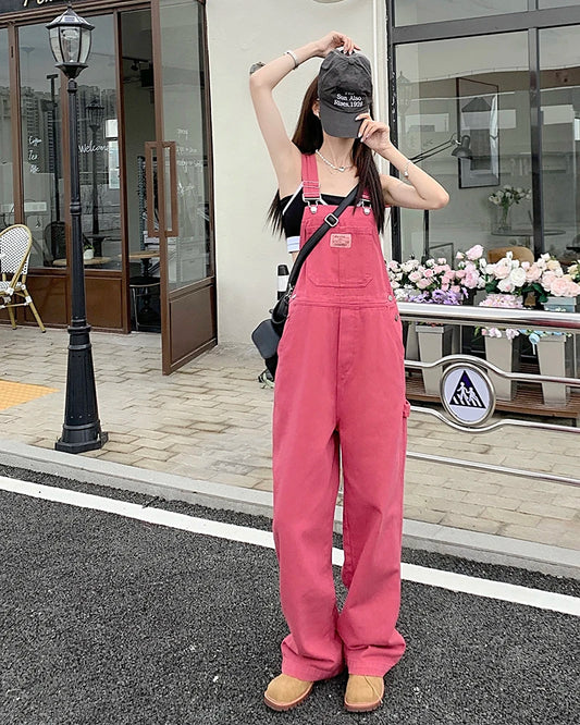 Rose Pink Straight Jeans Retro Casual Wide Leg Loose Women Denim Jumpsuit 2023 Spring Korean Style Overalls