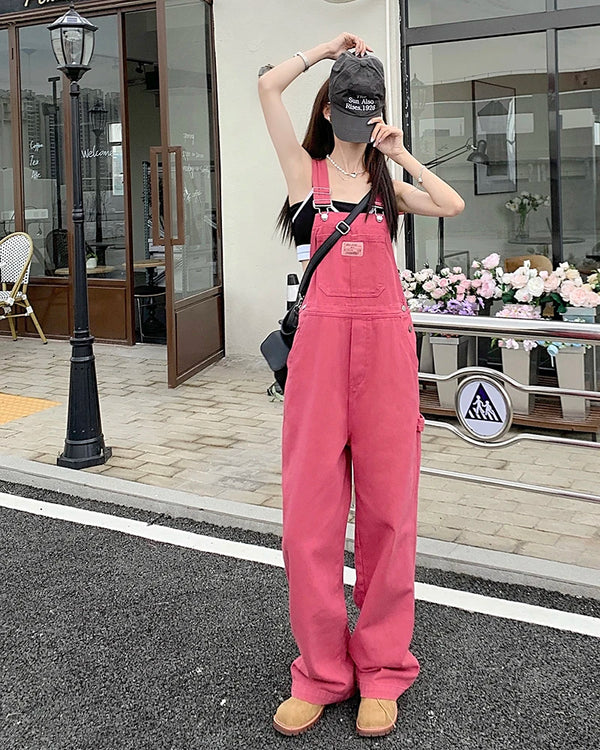 Rose Pink Straight Jeans Retro Casual Wide Leg Loose Women Denim Jumpsuit 2023 Spring Korean Style Overalls