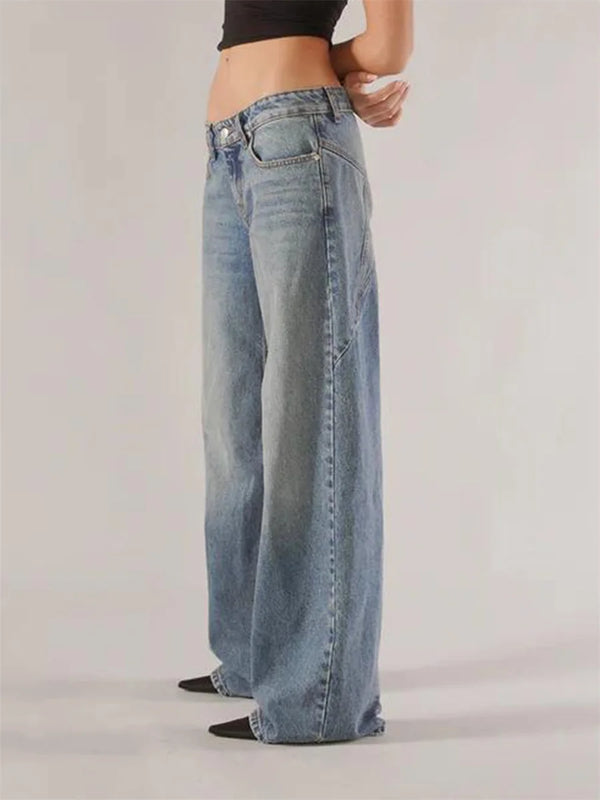 Women's Fall Jeans with Pockets Fashion Loose Fit Casual Solid Low Rise Wide Leg Denim Pants