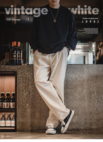 Maden Men's Vintage Beige Cotton Seed Shell Denim Jeans 10.8OZ Loose Straight Mid-rise Zipper Casual Pants Male Autumn Trousers