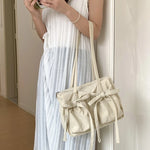 Lightweight Casual Nylon Shoulder Bag Unique Fresh Gentle Bow Design Travel Bag Solid Color Soft Large Capacity Women's Tote Bag