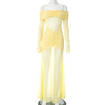 Townlike Pleated Slim Bodycon Maxi Long Dress Women Off Shoulder 2025 Autumn Winter Dress Lace Patchwork Sexy Party Dresses