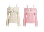 Women Off Shoulder Knit Sweater Pink Pullover Sweet Pullovers Long Sleeve Bow Lace Patchwork Jumpers Y2k Streetwear