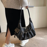 Distressed Vintage Shoulder Bags For Women Pleated Design Large Capacity Retro Hobo Bag 2024 Winter New Designer Handbags Luxury