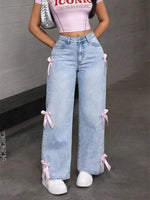 Women Jeans Wide Leg Pants Bow Washed High Waist 2025 Streetwear Denims Distressed Vintage Straight Ankle Length Trousers