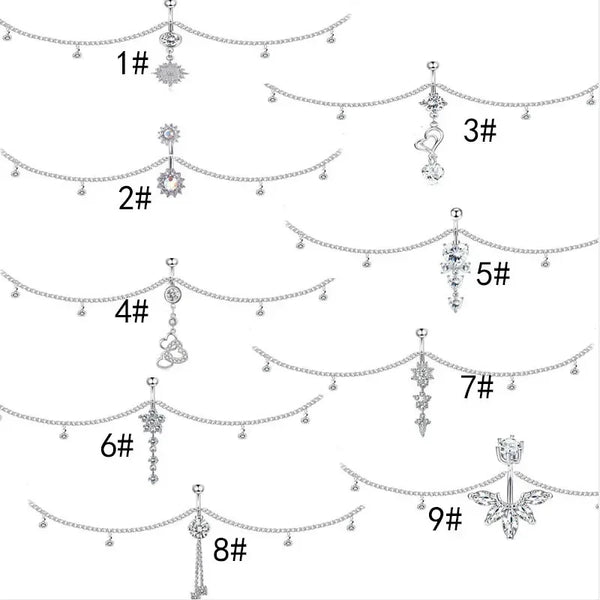 Sexy Dangle Rhinestone Piercing Navel Chain Belly Button Ring with Waist Chain Women Navel Piercing Body Jewelry