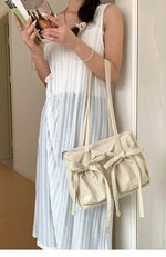 Lightweight Casual Nylon Shoulder Bag Unique Fresh Gentle Bow Design Travel Bag Solid Color Soft Large Capacity Women's Tote Bag