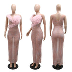 Women Long Evening Dresses Sleeves Flower Illusion Cocktail Elegant Party Dress Diamond Pink Birthday Formal Prom Dresses XSY012