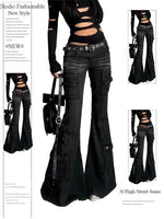 Women Dark Academia Gothic Grunge Low Waisted Cargo Flare Denim Pants Japanese Abi Y2k Harajuku Bell-Bottom Jeans Goblin Core