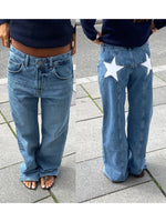 Women Fashion Jeans Star Pattern Loose Denim Pants Spring Fall Casual Low Waist Trousers Wide Leg Pants
