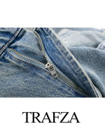 TRAFZA 2024 Women's Street Fashion Denim Blue Jeans Distressed Patchwork High Waist Zipper Fly Ripped Retro Long Pants