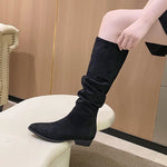 Vintage Women Knee High Boots Fashion Square Low Heel Shoes Concise Slip On Slim Long Botas De Mujer