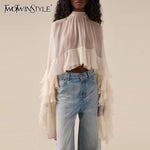 TWOTWINSTYLE Solid Loose Sheer Blouses for Women High Neck Long Sleeves Patchwork Ruffles Folds Elegant Blouse Female Clothing