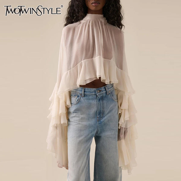 TWOTWINSTYLE Solid Loose Sheer Blouses for Women High Neck Long Sleeves Patchwork Ruffles Folds Elegant Blouse Female Clothing