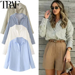 TRAF 2025 Shirts Blouses New Long Striped Shirt Women Long Sleeve Casual Shirts Large Tops Summer Plain Button Up Shirts 088