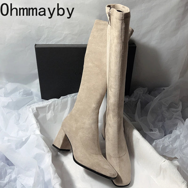 Autumn Winter Elastic Slimming Women Sock Loots Fashion Female Square Toe Thick Heel Knee High Booties