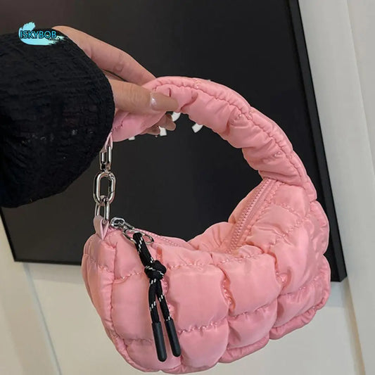 Sweet Bubble Cloud Handbag Solid Color with Pendant Pleated Dumpling Bag Zipper Korean Style Rhombus Plaid Handbag Office Worker