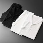 Summer Ultra-thin Two-piece Ice Silk Linen Suit Men's Cotton Linen 2-piece Set Loose-fit Mid-sleeve T-shirt Sports Wear
