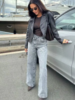 TRAFZA Women 2025 Fashion Straight Jeans Vintage Solid Casual High Waist Wide Leg Denim Pants High Street Lady Trousers Jeans