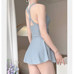 Swimming Suit for Women Solid Color Slimming One-piece Dress Style Conservative Waist Tightening Slimming Vacation Swimsuit