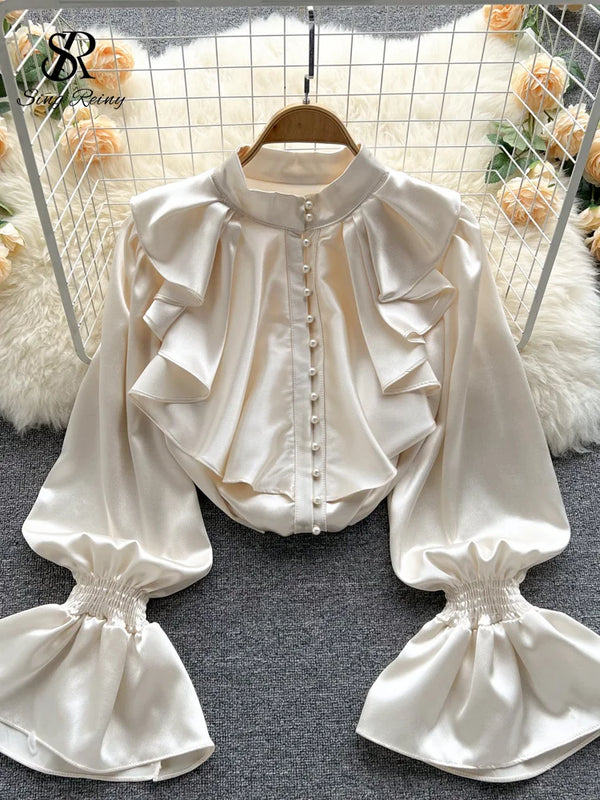 SINGREINY High Quality Satin Loose Shirt Long Flared Sleeves Ruffles O Neck Beading  Women Gentle Office Lady Casual Blouse