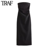 TRAF Women Fashion Summer New Sexy Split Back Zip Pleated Sleeveless Strapless Dress Chic Female French Elegant Evening