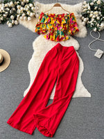 SINGREINY Fashion Two Piece Sets Women Ruffles Floral Print Shirt Elastic Waist Wide Leg Long Pants Korean Slim Summer Suit