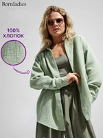 Bornladies 2025 Women's Spring Summer 100% Cotton Shirts Office Lady  Fashionable Solid Lady Long Sleeve Loose Tops Crepe Shirts