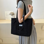 Large Capacity Shoulder Bag Trendy Corduroy Tote Bag Solid Color Ladies Handbag With Front Pocket