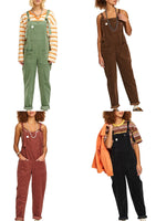 Women's Corduroy Overalls Solid Color Square Neck Pants Jumpsuit with Front Pockets Casual Streetwear