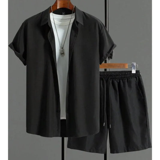 Simple Solid Color Men's Hawaiian Shirt Summer Trend Short Sleeve Shorts 2 Piece Daily Casual Shorts Top Suit Fashion Oversized